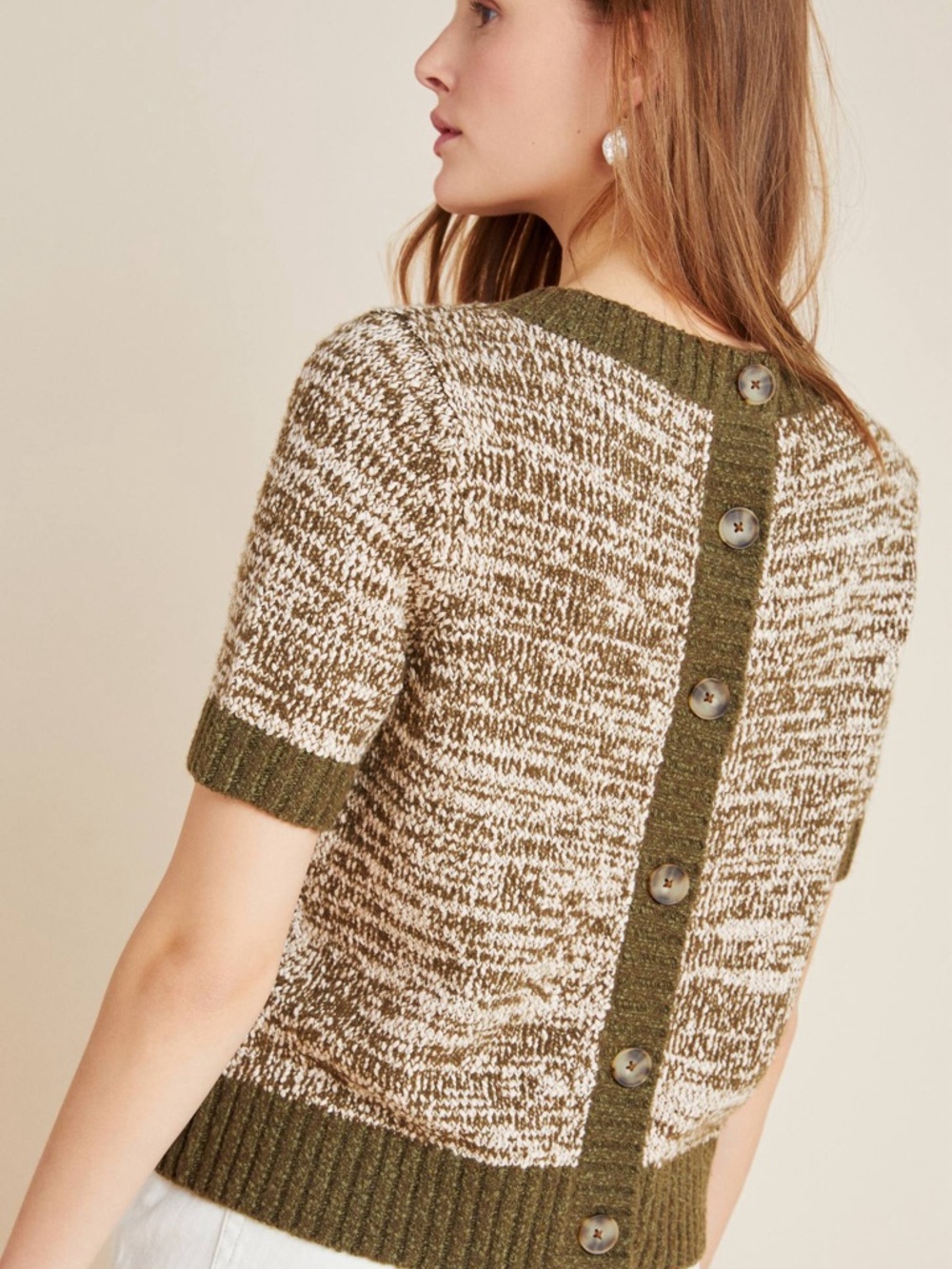Anthropologie Olive Green & Cream Marled Knit Sweater